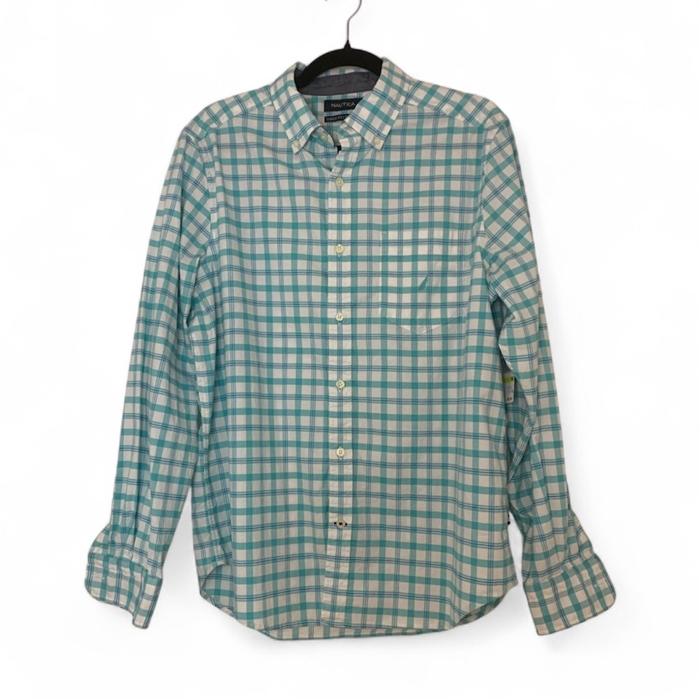 NWT Nautica Classic Fit/ Stretch Teal Green and White Plaid Button Down Shirt Md